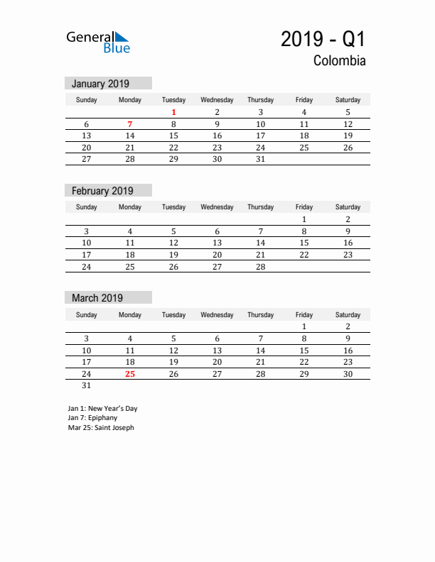 Colombia Quarter 1 2019 Calendar with Holidays