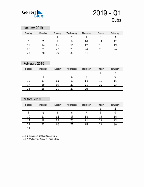 Cuba Quarter 1 2019 Calendar with Holidays