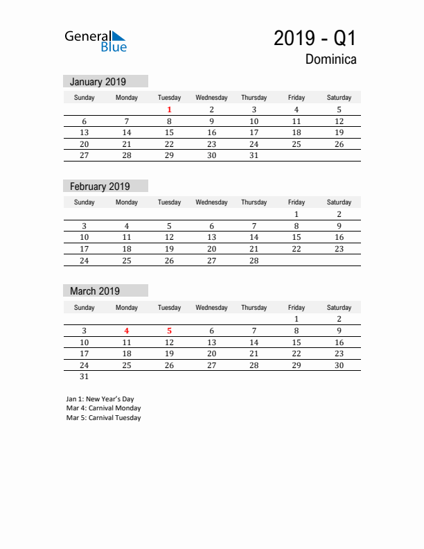 Dominica Quarter 1 2019 Calendar with Holidays