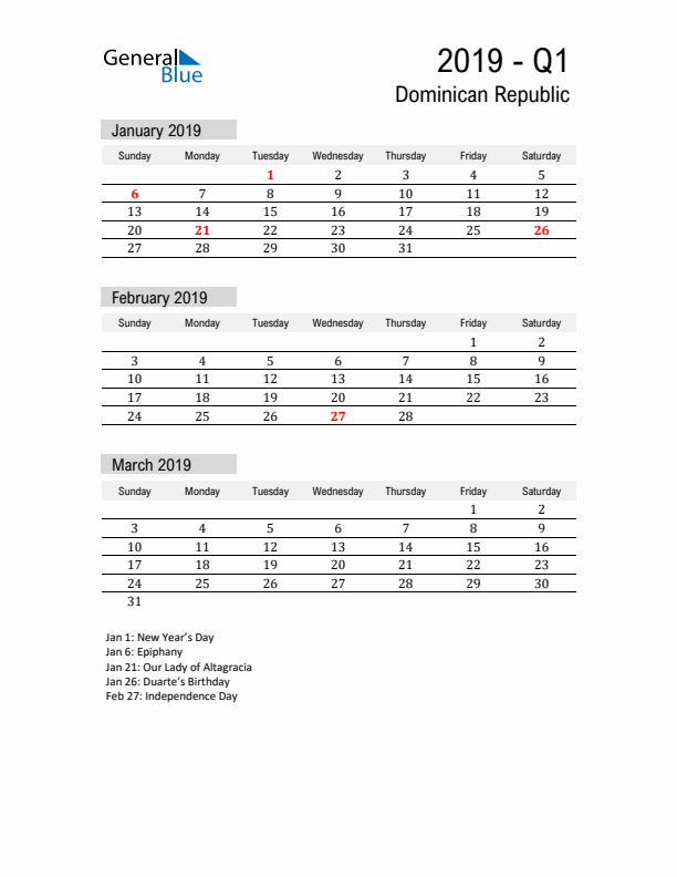 Dominican Republic Quarter 1 2019 Calendar with Holidays