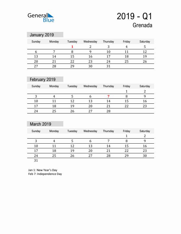 Grenada Quarter 1 2019 Calendar with Holidays