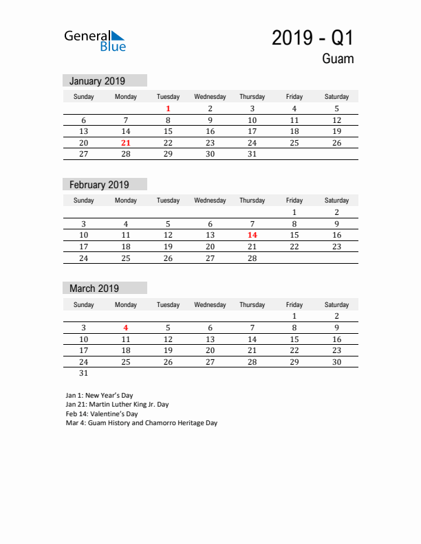 Guam Quarter 1 2019 Calendar with Holidays