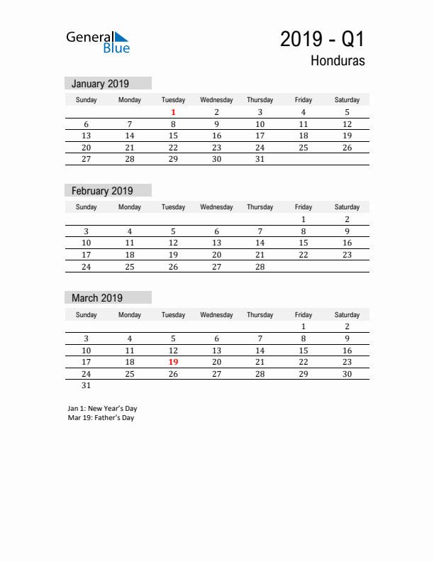 Honduras Quarter 1 2019 Calendar with Holidays