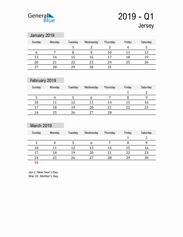 Jersey Quarter 1 2019 Calendar with Holidays