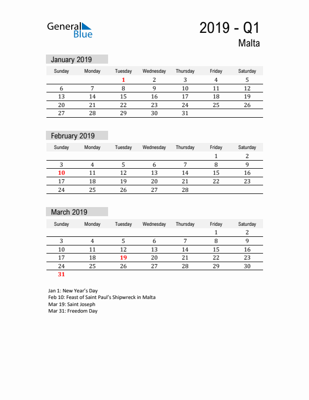 Malta Quarter 1 2019 Calendar with Holidays