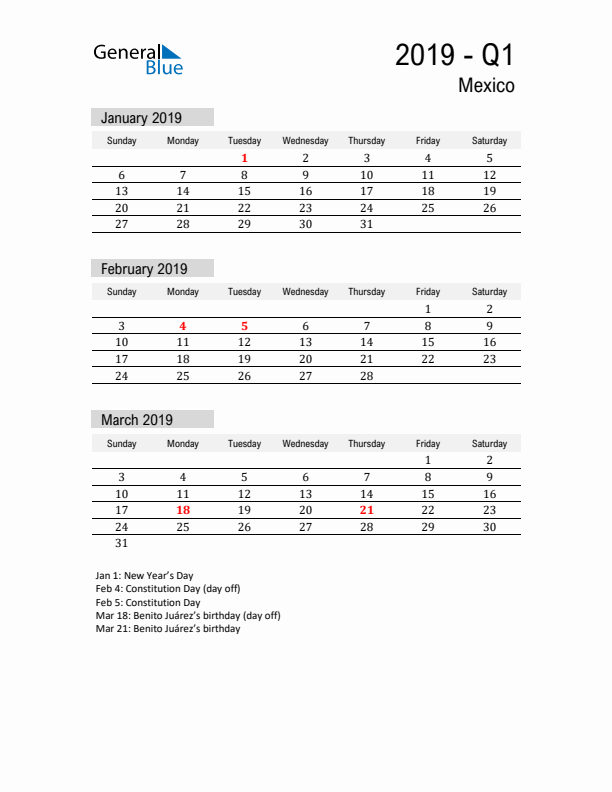 Mexico Quarter 1 2019 Calendar with Holidays