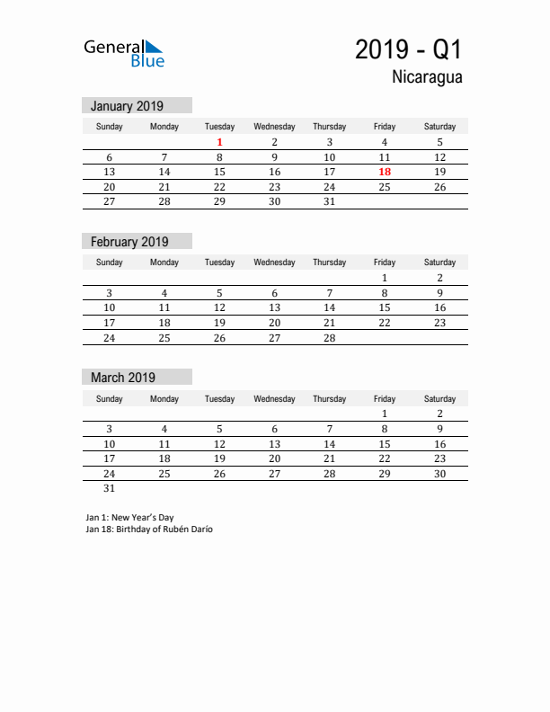 Nicaragua Quarter 1 2019 Calendar with Holidays
