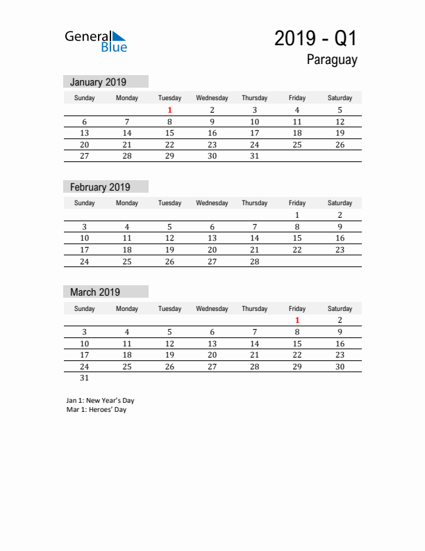 Paraguay Quarter 1 2019 Calendar with Holidays