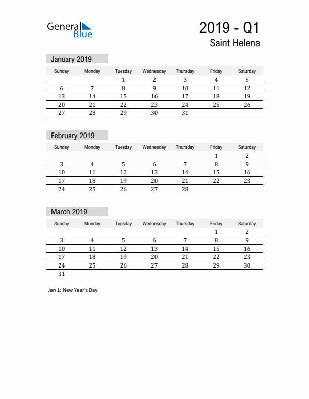 Saint Helena Quarter 1 2019 Calendar with Holidays