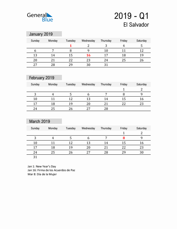 El Salvador Quarter 1 2019 Calendar with Holidays