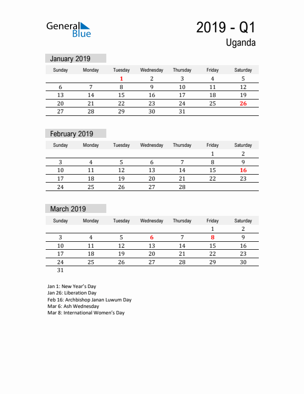 Uganda Quarter 1 2019 Calendar with Holidays