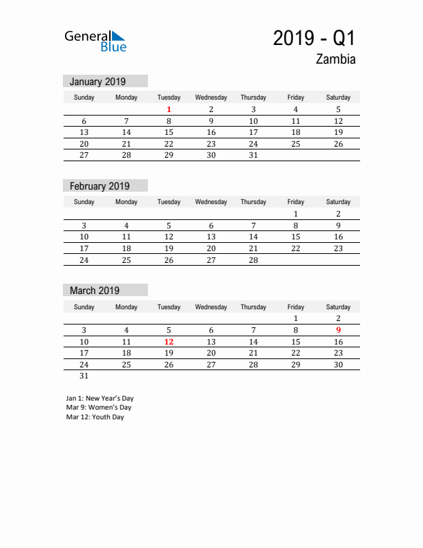 Zambia Quarter 1 2019 Calendar with Holidays