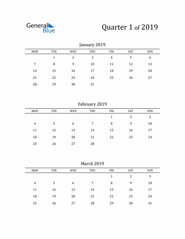2019 Three-Month Calendar with Monday Start - Quarter 1
