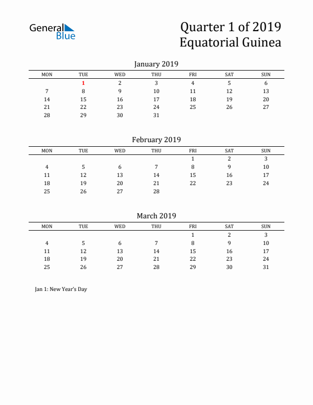 Quarter 1 2019 Equatorial Guinea Quarterly Calendar