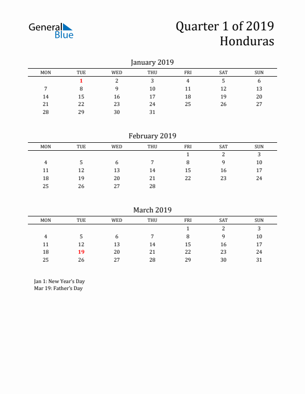 Quarter 1 2019 Honduras Quarterly Calendar