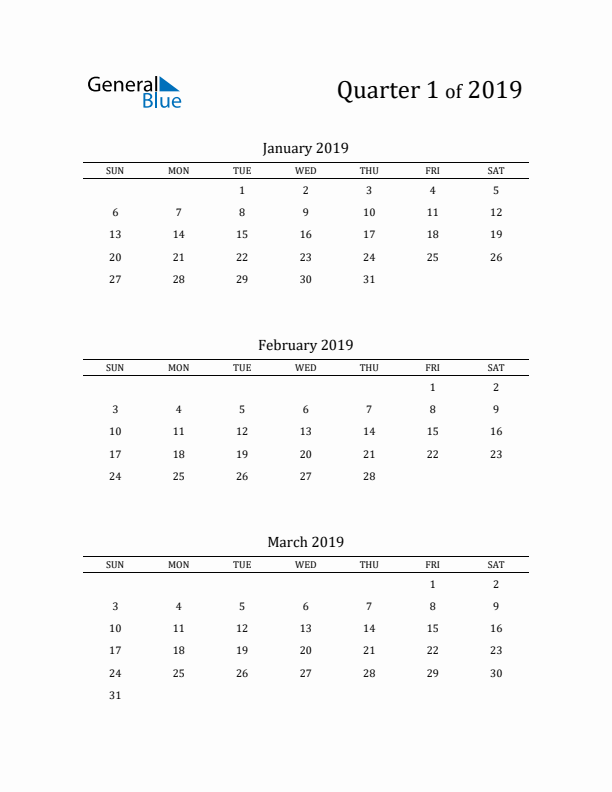 2019 Three-Month Calendar with Sunday Start - Quarter 1