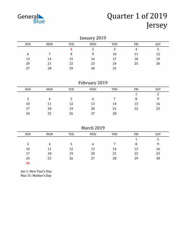 Quarter 1 2019 Jersey Quarterly Calendar