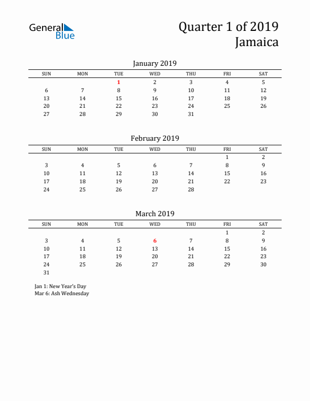 Quarter 1 2019 Jamaica Quarterly Calendar