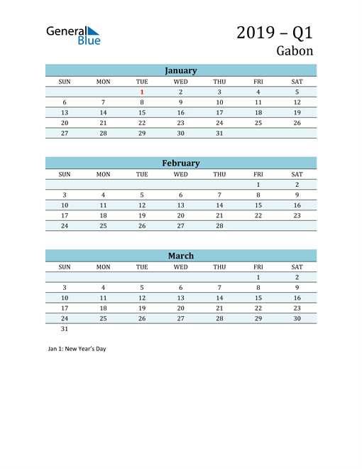  Three-Month Planner for Q1 2019 with Holidays