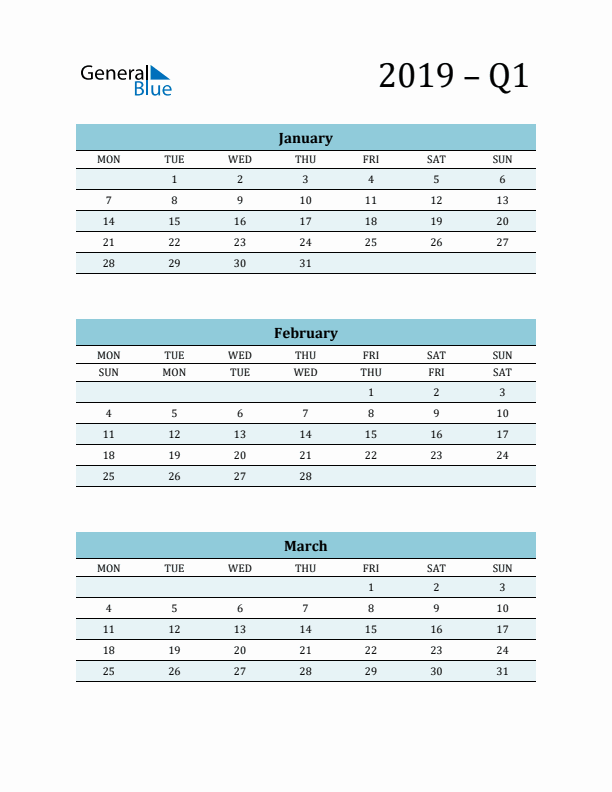 January, February, and March 2019 Calendar