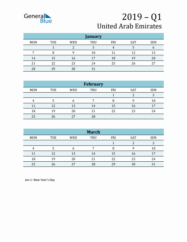 Three-Month Planner for Q1 2019 with Holidays - United Arab Emirates