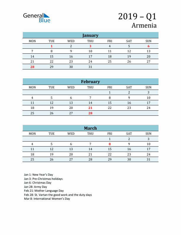 Three-Month Planner for Q1 2019 with Holidays - Armenia