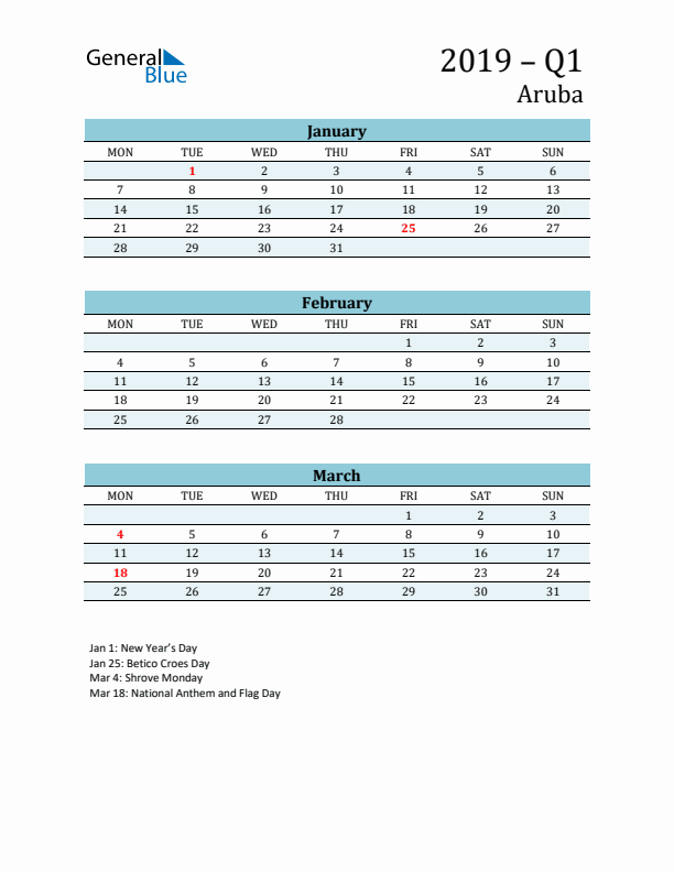 Three-Month Planner for Q1 2019 with Holidays - Aruba