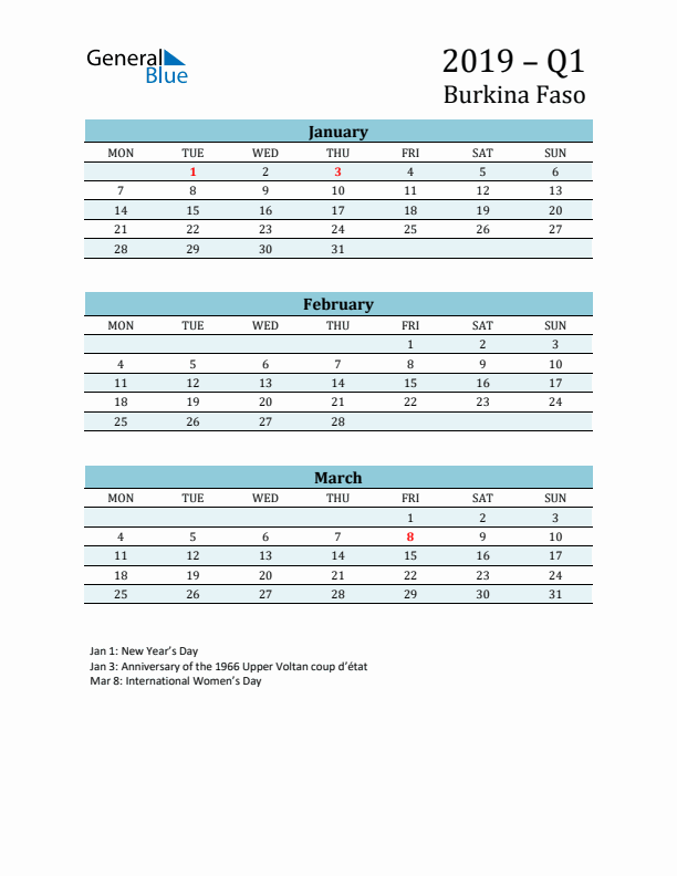 Three-Month Planner for Q1 2019 with Holidays - Burkina Faso