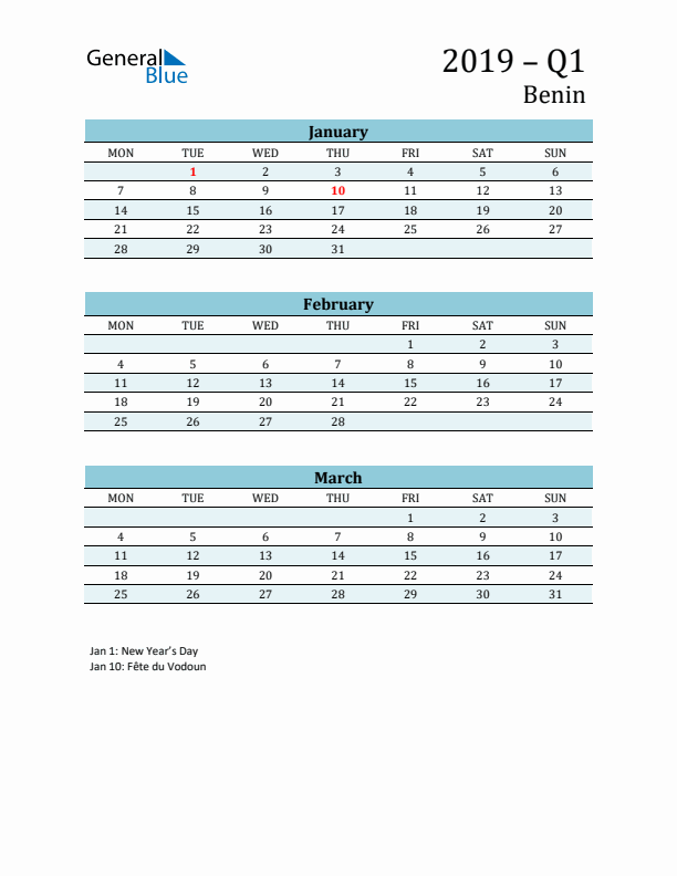 Three-Month Planner for Q1 2019 with Holidays - Benin