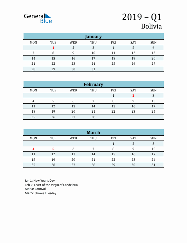 Three-Month Planner for Q1 2019 with Holidays - Bolivia