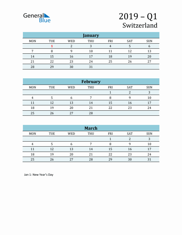 Three-Month Planner for Q1 2019 with Holidays - Switzerland