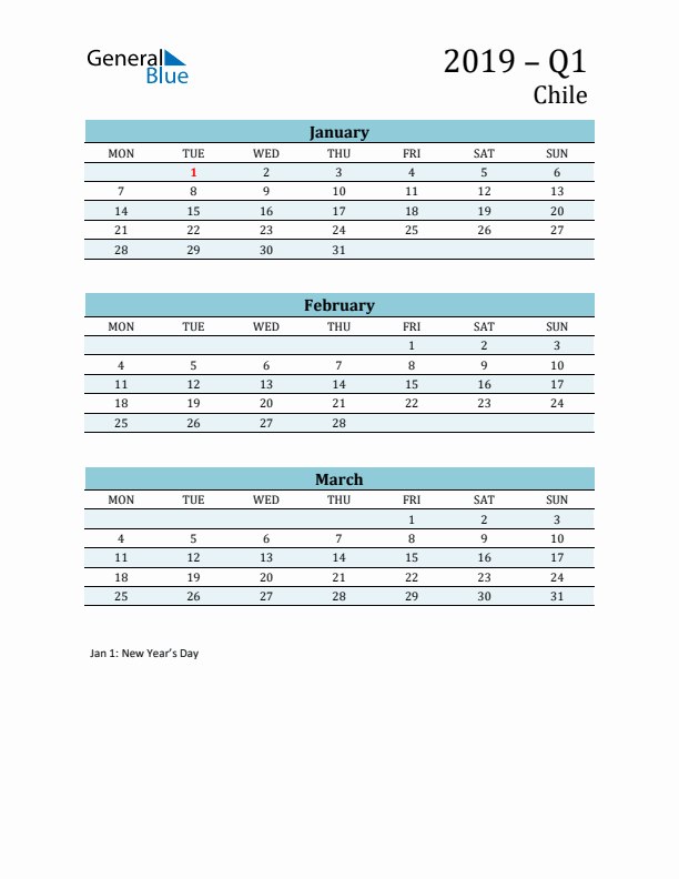 Three-Month Planner for Q1 2019 with Holidays - Chile