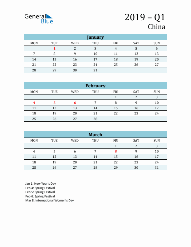 Three-Month Planner for Q1 2019 with Holidays - China