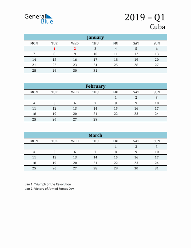 Three-Month Planner for Q1 2019 with Holidays - Cuba