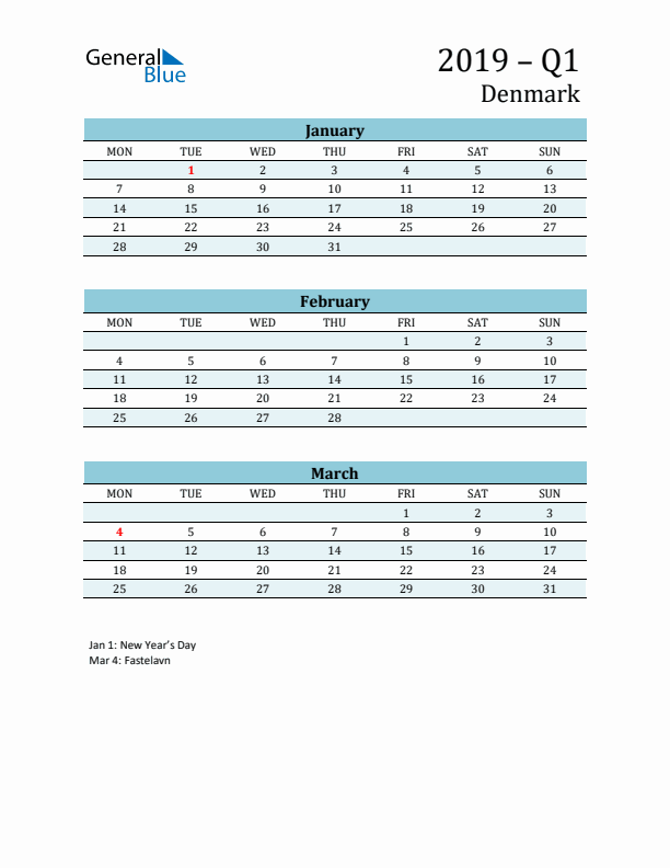 Three-Month Planner for Q1 2019 with Holidays - Denmark