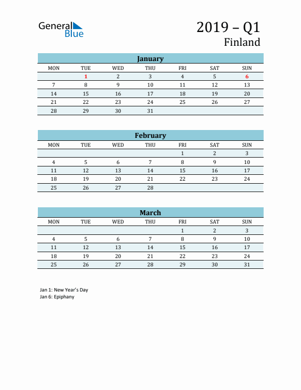 Three-Month Planner for Q1 2019 with Holidays - Finland