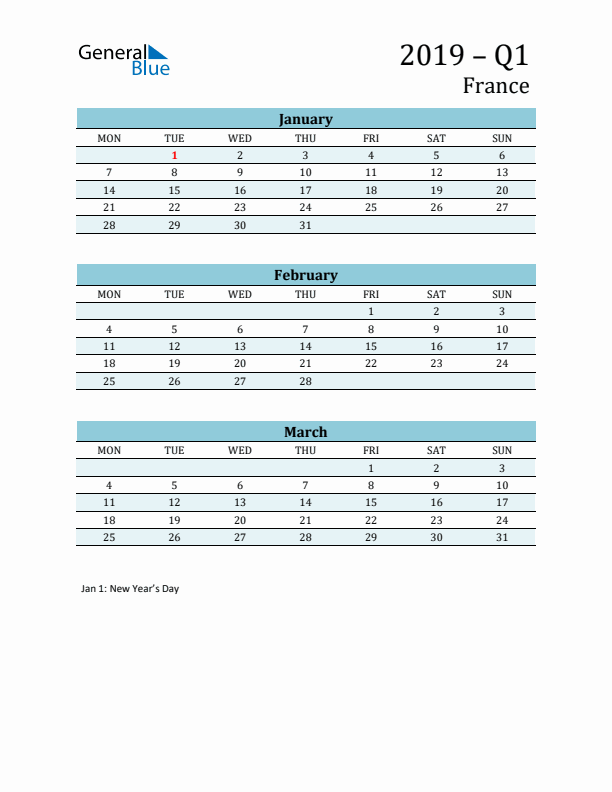 Three-Month Planner for Q1 2019 with Holidays - France