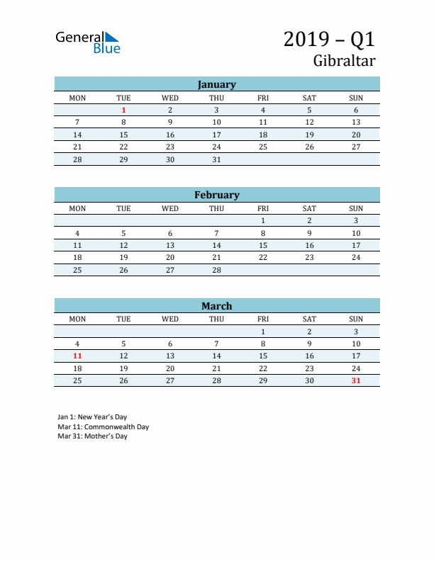Three-Month Planner for Q1 2019 with Holidays - Gibraltar