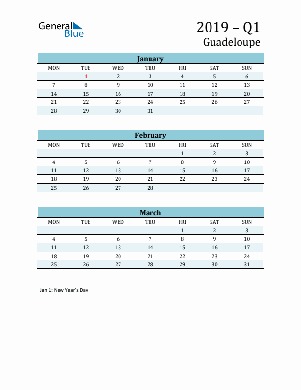 Three-Month Planner for Q1 2019 with Holidays - Guadeloupe