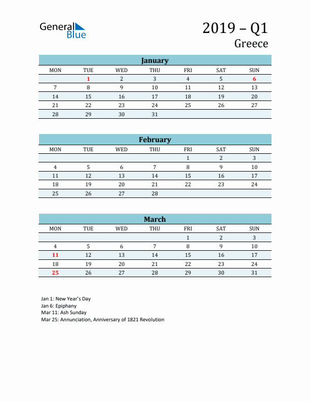 Three-Month Planner for Q1 2019 with Holidays - Greece