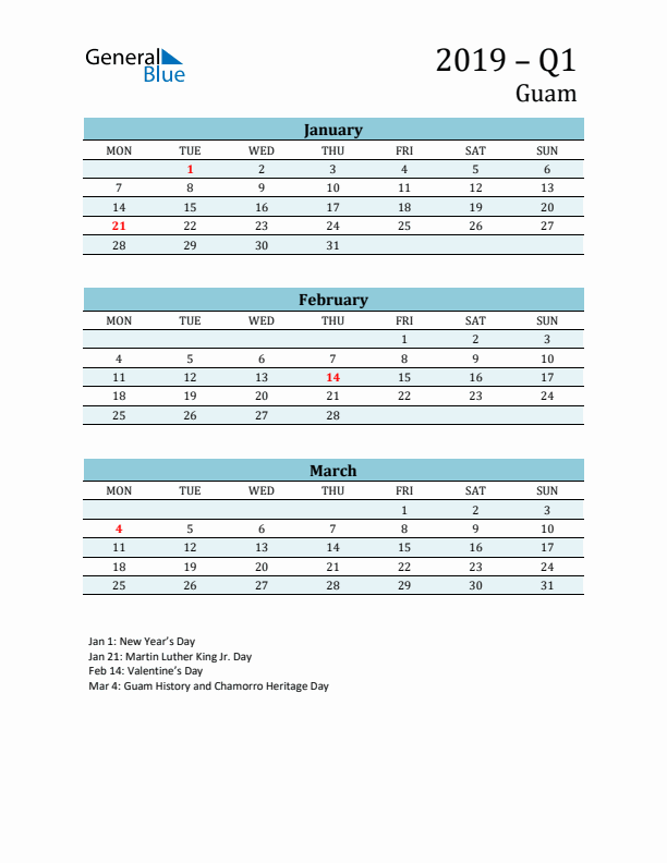 Three-Month Planner for Q1 2019 with Holidays - Guam