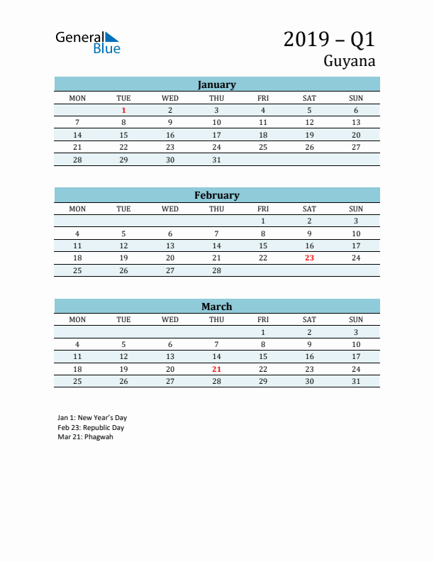 Three-Month Planner for Q1 2019 with Holidays - Guyana