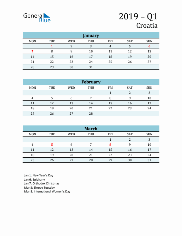 Three-Month Planner for Q1 2019 with Holidays - Croatia