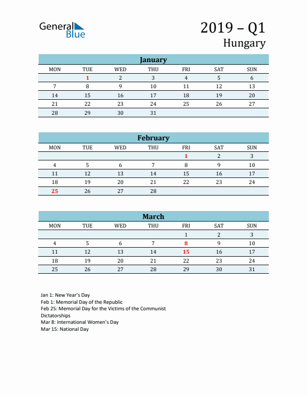 Three-Month Planner for Q1 2019 with Holidays - Hungary