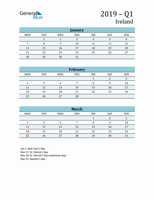 Three-Month Planner for Q1 2019 with Holidays - Ireland