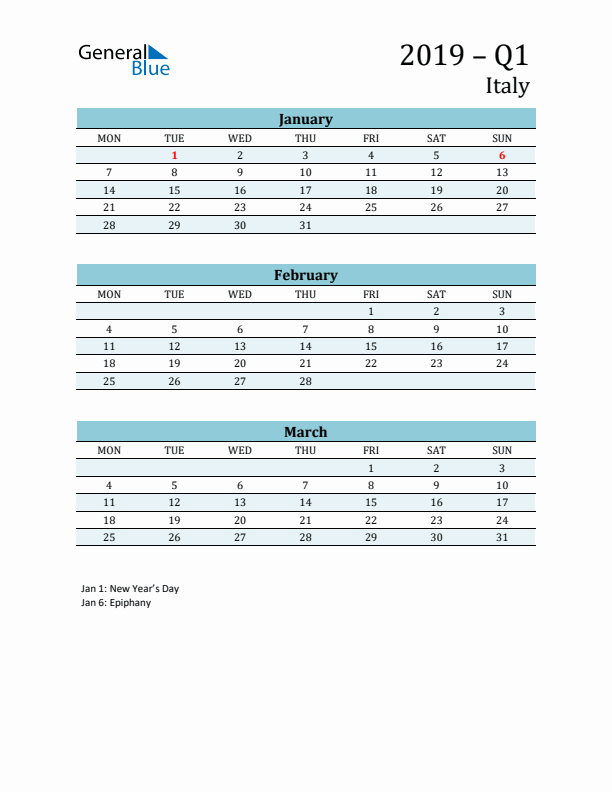 Three-Month Planner for Q1 2019 with Holidays - Italy