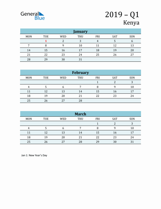 Three-Month Planner for Q1 2019 with Holidays - Kenya