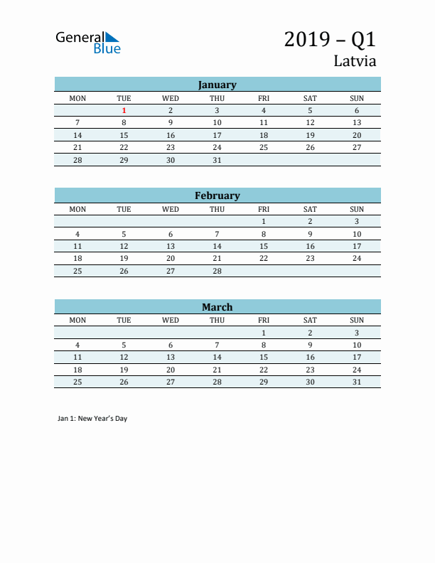 Three-Month Planner for Q1 2019 with Holidays - Latvia