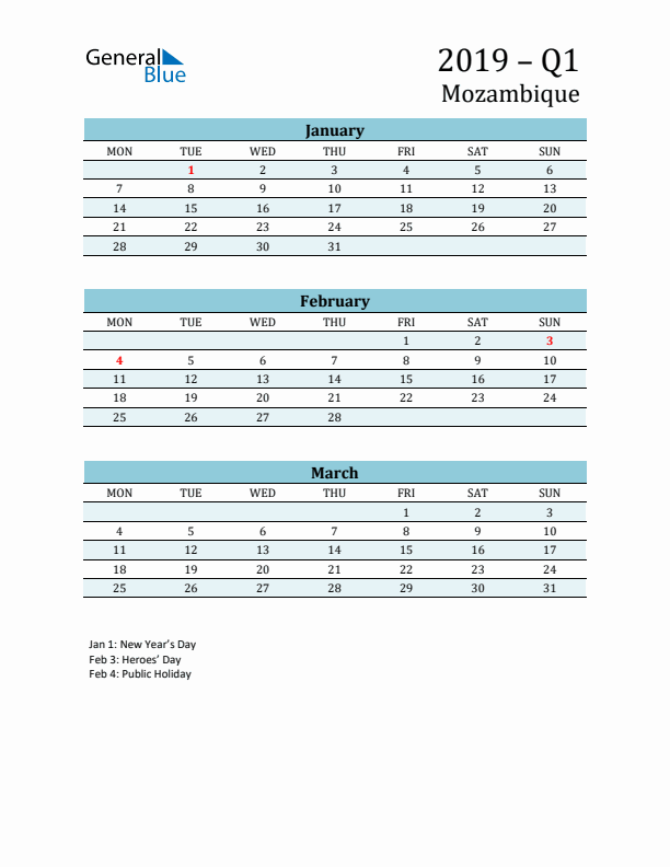 Three-Month Planner for Q1 2019 with Holidays - Mozambique