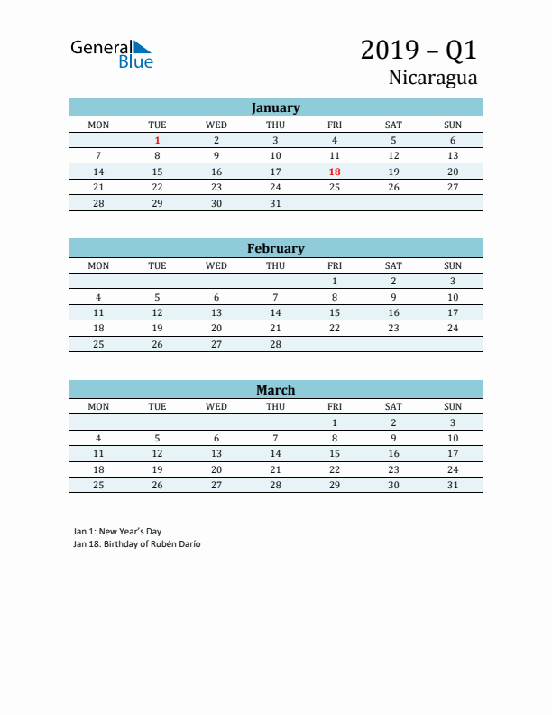 Three-Month Planner for Q1 2019 with Holidays - Nicaragua